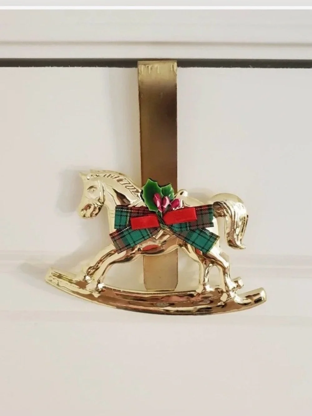 Vintage Rocking Horse Christmas Wreath Hanger Metal Gold Tone